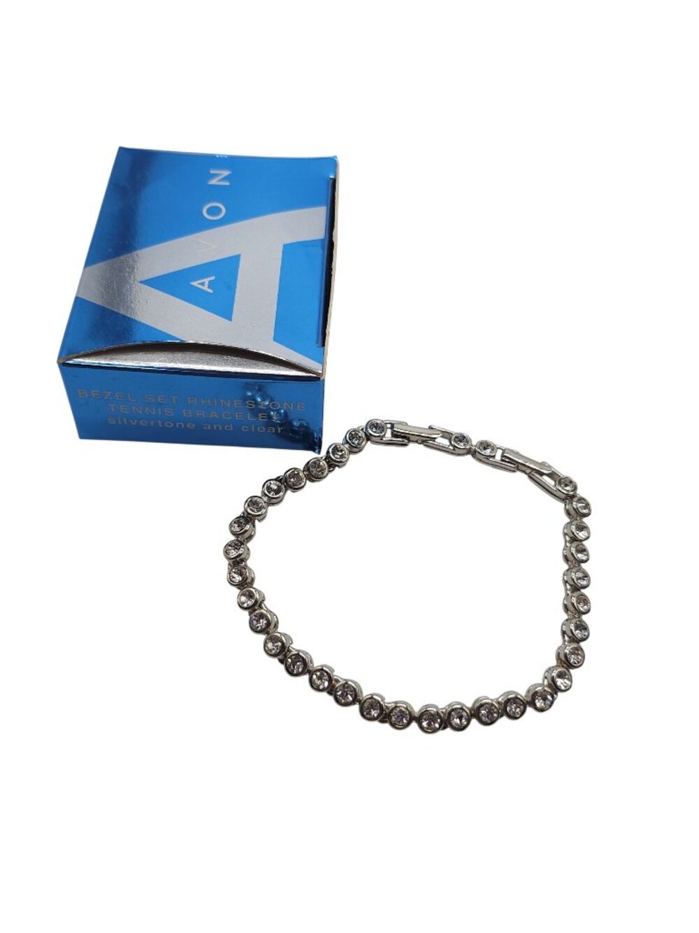Avon Bezel Set Rhinestone Tennis Bracelet Silver Tone Clear With Box 7.5-8.5 In